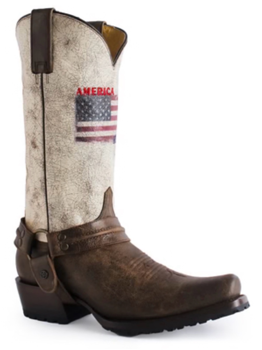 Roper Brown Leather Western Harness Boot with White Shaft and American Flag